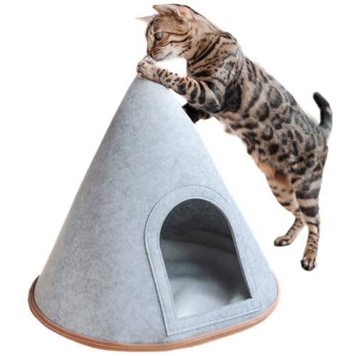 CanadianCat Company | Katzen Tipi Zelt für Haustiere Katzenzelt Cone Katzen Tipi, XL Katzenhöhle aus Filz inkl. Flauschkissen, hellgrau, 45 x 45 x 50 cm von CanadianCat Company