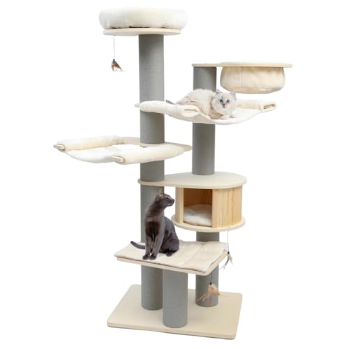 CanadianCat Company | Kratzbaum Avery XXL, beige-anthrazit, 186cm, Massivholz Katzenbaum mit Katzenhaus & Hängematten für große Katzen, stabil & Kratzfest, 75 x 56 x 186 cm von CanadianCat Company