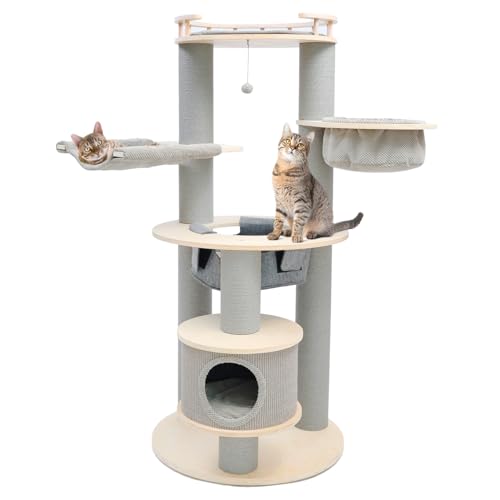 CanadianCat Company | Kratzbaum Harper, beige-anthrazit, 168cm, Stabiler Katzenbaum mit Katzenhaus & 3 Hängematten, Quadratische Basis für mehr Stabilität, 76 x 76 x 168 cm von CanadianCat Company