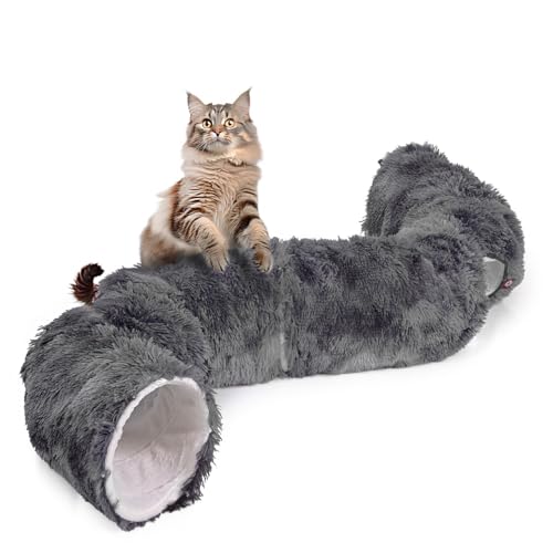 CanadianCat Company | Premium Katzentunnel mit Schlafplatz Otis Dunkelgrau Kuschelfell Innenbezug Katzentunnel Große Katzen XXL 2-in-1 Donut Tunnel für Katzen inkl. flauschigem Liegekissen von CanadianCat Company