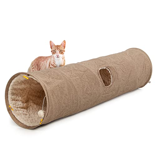 CanadianCat Company | XXL Spieltunnel für Katzen mit Kuschelfell | beige | ca. 35 x 150 cm - Variable Form, integriertes Katzenspielzeug von CanadianCat Company