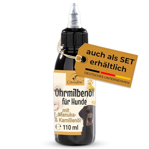 Canifee - Ohrentropfen für Hunde Ohrenmilbenöl Hund mit Manuka-Öl bei Hefepilz und Ohrmilben Hund, 110ml Flasche mit fein einstellbarem Dosierkopf, natürliches Pflegeöl gegen Entzündungen von Canifee