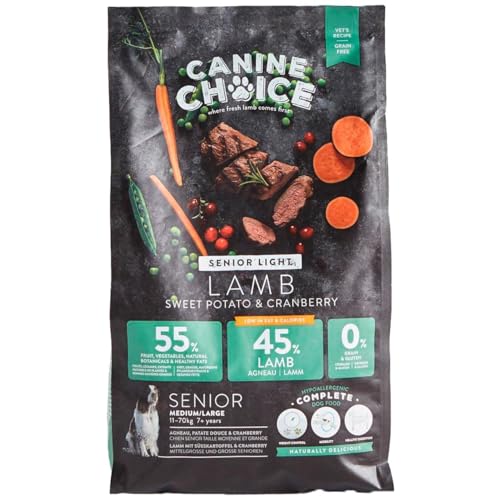 Canine Choice Premium Getreidefreies leichtes Senior Trockenfutter für Hunde - Lamm 7kg | 45% frisches Lamm, fettarm, 55% Gemüse & Pflanzen | Hypoallergenes Trockenfutter mit Süßkartoffel & Cranberry Canine Choice Premium Getreidefreies leichtes Senior Trockenfutter für Hunde - Lamm 7kg | 45% frisches Lamm, fettarm, 55% Gemüse & Pflanzen | Hypoallergenes Trockenfutter mit Süßkartoffel & Cranberry von Canine Choice