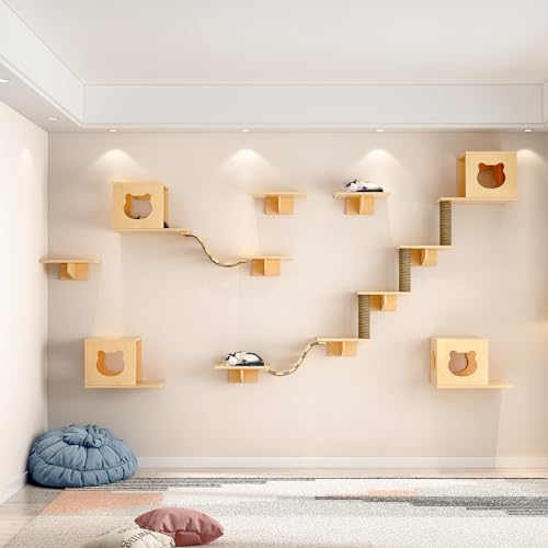 Canormpet Katzen-Wandregale und Sitzstangen, Massivholz, Wandmontage, Katzenmöbel mit 4 Katzenhütten, 8 Regalen, 2 Leitern, 3 Sisal-Katzenkratzbäumen (C) von Canormpet