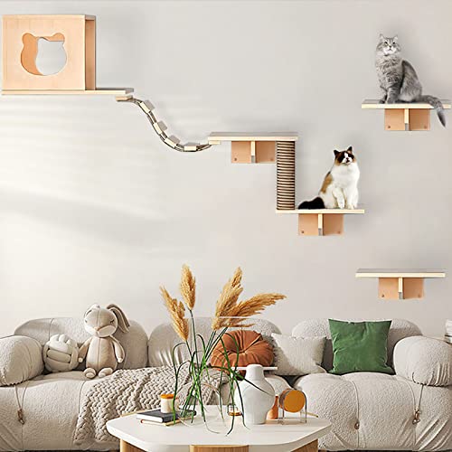 Katzen-Wandregale, Regale und Sitzstangen für Wand, Möbel-Set, 7-teilig, montiert mit 1 Wohnheim, 4 Sisal-Kratzstämmen, Leiter von Canormpet