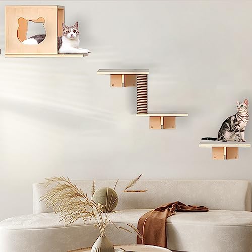 Katzenwandregale, Katzenwandmöbel, Katzenregale und Sitzstangen für Wand, Katzenwandstufen Set mit 4 Katzenhaus,9 Katzensitzstangen, 2 Brückenleiter, 3 Sisal-Kratzbaum (C) von Canormpet