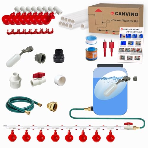 CANVINO Komplettes automatisches Hühner-Bewässerungs-Set, 1,27 cm PVC-Rohrleitungen mit Hühner-Wasserbechern, Schwimmerventil, Wassertank-Anschluss und Gartenschlauch, DIY-Hühner-Wasserzufuhrsystem von Canvino