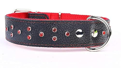 Capadi K0142 Hundehalsband verziert mit farbigen Chrystalsteinen weich unterlegt und Starkes Halsband aus Echtleder, Rot, Breite 40 mm, Länge 65 cm von Capadi