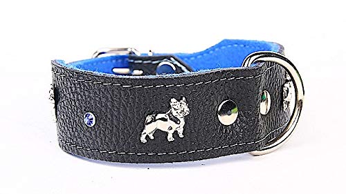 Capadi K0303 Hundehalsband für Bulldoge verziert mit Metallaplikation aus echtem strapazierfähiges Leder weich unterlegt, Blau, Breite 40 mm, Länge 45 cm von Capadi