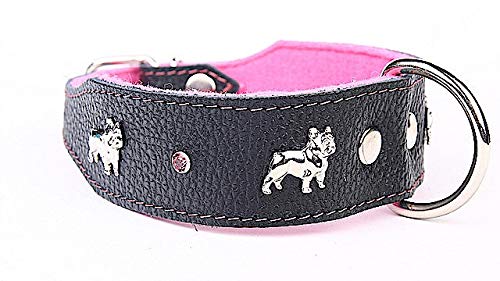 Capadi K0304 Hundehalsband für Bulldoge verziert mit Metallaplikation aus echtem strapazierfähiges Leder weich unterlegt, Pink, Breite 40 mm, Länge 45 cm von Capadi