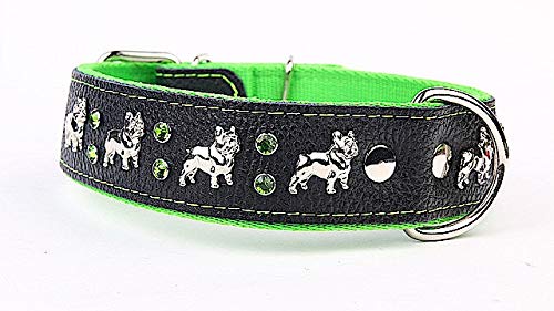 Capadi K0355 Weites Hundehalsband für Bulldoge verziert mit Ornament und Christallsteinen aus echtem strapazierfähiges Leder weich unterlegt, Grün, Breite 40 mm, Länge 45 cm von Capadi