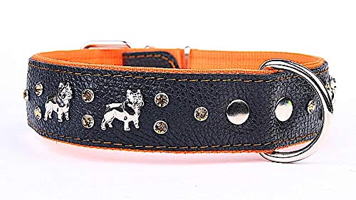 Capadi K0376 Weites Hundehalsband für Bulldoge verziert mit Ornament und Christallsteinen aus echtem strapazierfähiges Leder weich unterlegt, Orange, Breite 40 mm, Länge 55 cm von Capadi