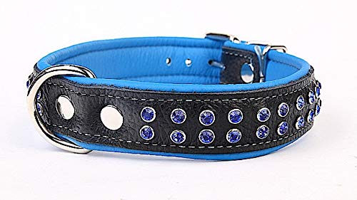 Capadi K0743 Hundehalsband mit Napaleder unterlegt und Starkes Hundehalsband aus Echtleder verziert mit farbigen Kristalsteinen, Blau, Breite 30 mm, Länge 52 cm von Capadi