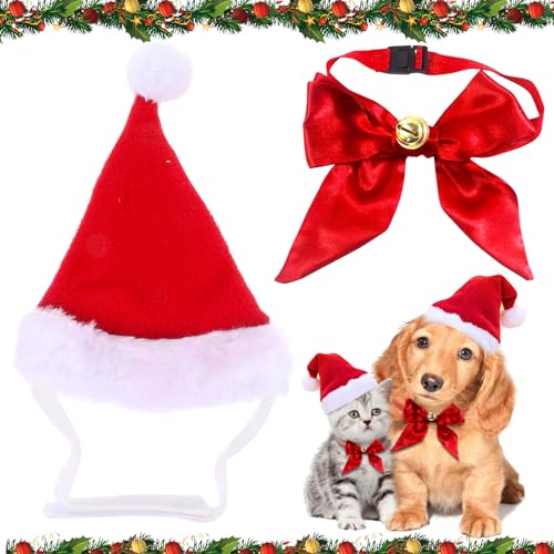 Hundekostüm Weihnachten, Weihnachtsmütze Katze, Einstellbare Größe Rot Hut und Krawatte, Weihnachten Hundekostüm Haustier Nikolausmütze, Weihnachtskostüm Haustier Zubehör für Katzen Hunde von Capgoost