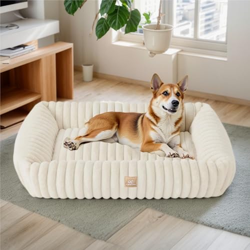 CareCooo Flauschig Hundebett Mittelgroße Hunde & Hundebett große Hunde,Cord Fleece Hundesofa: Weich, Robust & Bequem - Waschbar, rutschfest, Ideal für Zuhause & Schlaf (weiß, L-92x69x20cm) von CareCooo