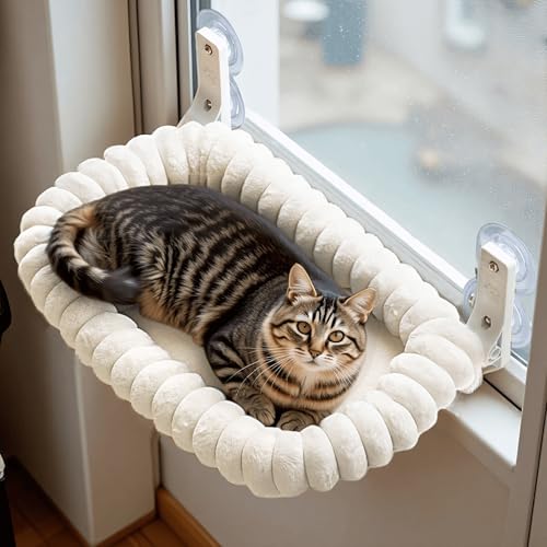 CareCooo Katzen Fensterliege, Katzenhängematte Fenster mit Waschbarem Bezug, Flauschiges Katzenbett Fensterbrett mit Saugnäpfen, Stabile Fensterbankliege für Katzen bis 18kg, M(52x30cm), Weiß von CareCooo