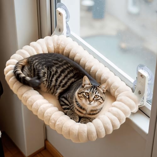 Katzen Fensterliege mit Saugnapf, Stabiler Katzenbett Fensterbank aus Plüsch, Katzen Hängematte Fenster mit Abnehmbarem Waschbarem Bezug, Fensterliege für Katzen – bis 18 kg belastbar, Weiß von CareCooo