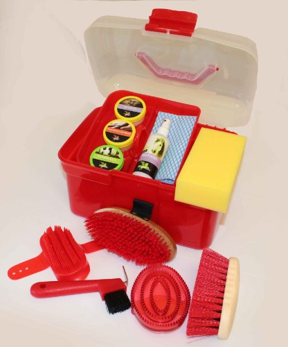 Carmesin Pferdeputzbox Kinder-Putzbox Putzbox R O T, Mini incl. 6 Putzteile + 4 Pflege/Zubehörteile +Tuch von Carmesin