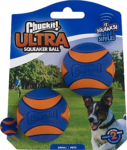 ChuckIt! Ultra Quietscher Hundeball, langlebiges schwimmendes Hundespielzeug aus Gummi mit hoher Sprungkraft, kompatibel mit kleinen Werfern, blau und orange, klein, 2 Stück von Chuckit!