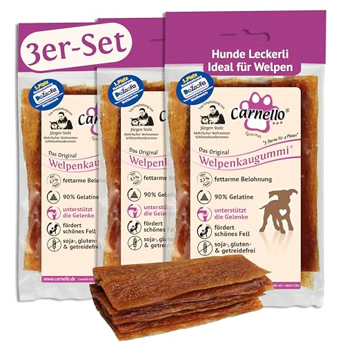 Carnello Welpen Leckerlies - Welpenkaugummi – Hunde Leckerlis, Kauknochen Hund Welpe, Kauartikel Hund – Hundeleckerli getreidefrei - Wiederverschließbare Beutel (3 x 60g) von Carnello