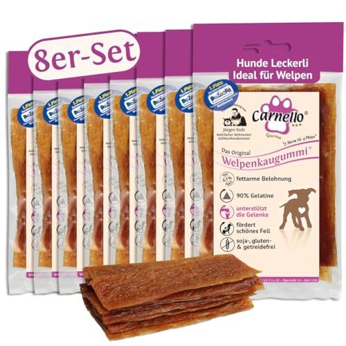 Carnello Welpen Leckerlies - Welpenkaugummi – Hunde Leckerlis, Kauknochen Hund Welpe, Kauartikel Hund – Hundeleckerli getreidefrei - Wiederverschließbare Beutel (8 x 60g) von Carnello