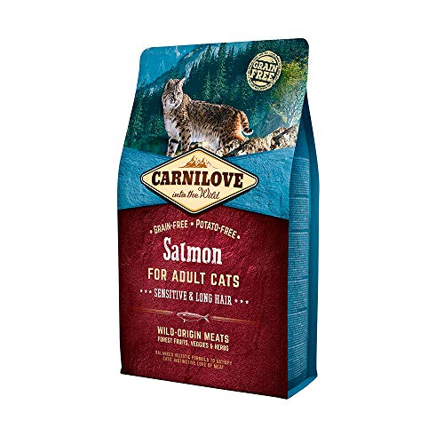 Carnilove Carnilove Lachs Sensitive & Long Hair Trockenfutter für Katzen, 400 g, 4 x 100 g, Gesamtgewicht: 400 g von CARNILOVE