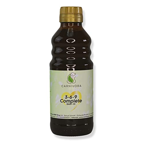 Carnivora Barf-Öl für Hunde: Omega 3 6 9 Complete Barf Öl + Vitamin E (in der Glasflasche) mit Lachsöl, Hanföl und Borretschöl (250ml Omega-3-6-9-Öl) von Carnivora