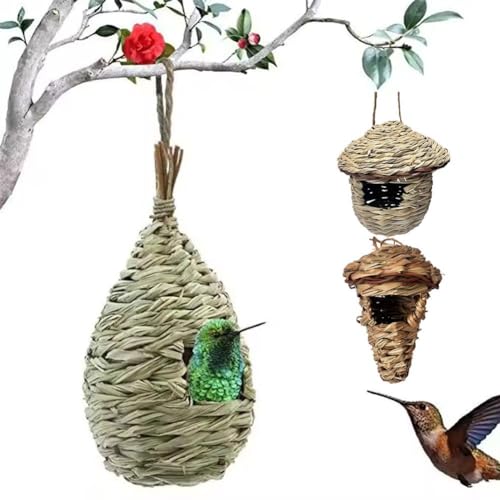 Kolibri-Haus, gewebtes Vogelhaus zum Aufhängen im Freien, handgewebtes Stroh-Vogelnest, Papageien-Schlüpfen, natürliche Vogelhütte für draußen (Wassertropfen) von Carroterr