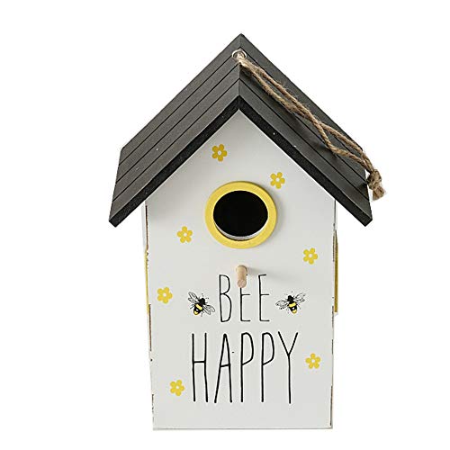 CasaJame Holz Vogelhaus für Balkon und Garten, Nistkasten, Haus für Vögel, Vogelhäuschen, weiß mit Bienen, gelben Blümchen und Schriftzug BEE Happy 15x12x22cm von CasaJame