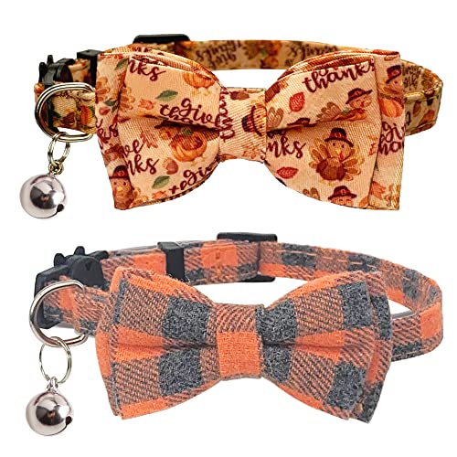 Casidoxi 2 Stück Katzenhalsbänder mit Glocke, karierte Fliege, Herbstkatzenhalsband, Truthahn, Kürbis Halsband für Welpen von Casidoxi