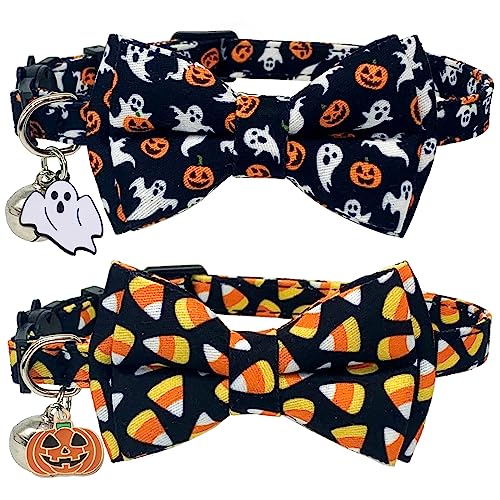 Casidoxi Halloween-Katzenhalsbänder mit Glocke, 2 Stück Katzen-Halloween-Fliege mit Zuckermais-Kürbis von Casidoxi
