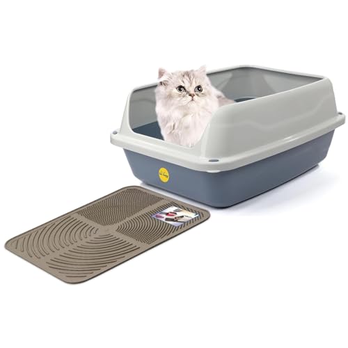 Cat Centre Katzenklo Offen Mit Hohem Rand Katzentoilette Ohne Deckel Mit Grauer Katzenstreu Matte Grau M 45 x 34 cm von Cat Centre