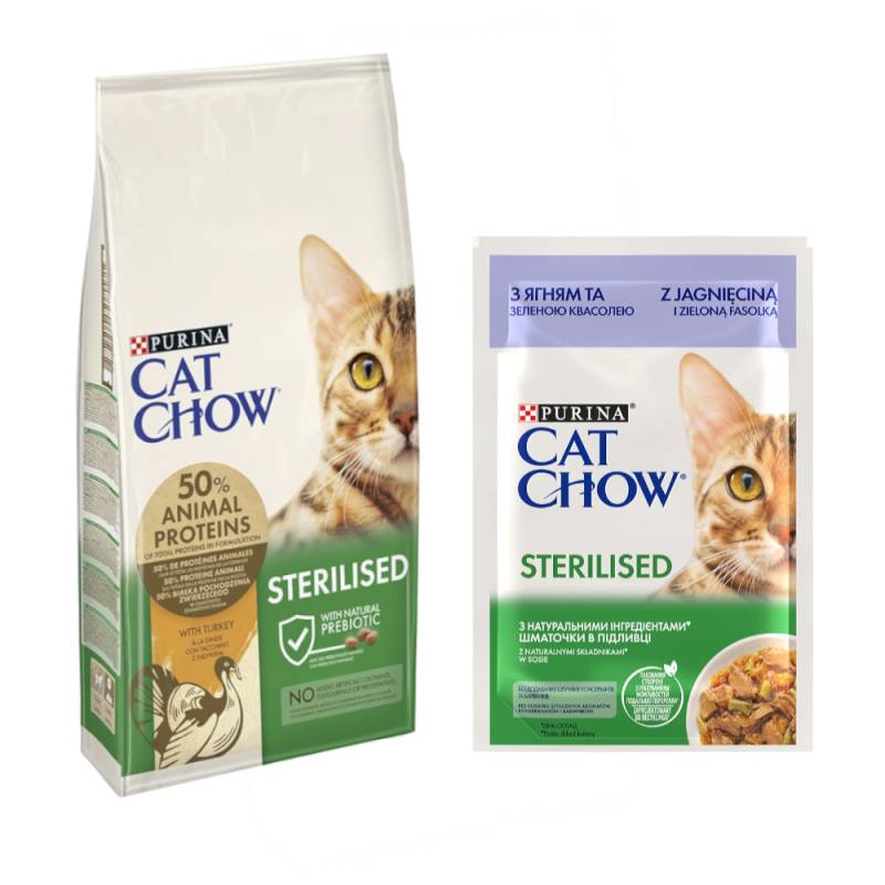 10 kg / 15 kg PURINA Cat Chow + 26 x 85 g passendes Nassfutter gratis! - 10 kg Special Care Sterilized Truthahn + Sterilised Lamm & grüne Bohnen von Cat Chow