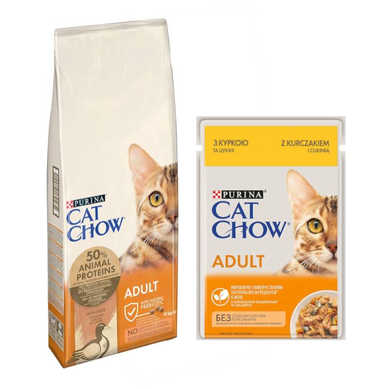 10 kg / 15 kg PURINA Cat Chow + 26 x 85 g passendes Nassfutter gratis! - 15 kg Adult Ente + Huhn von Cat Chow