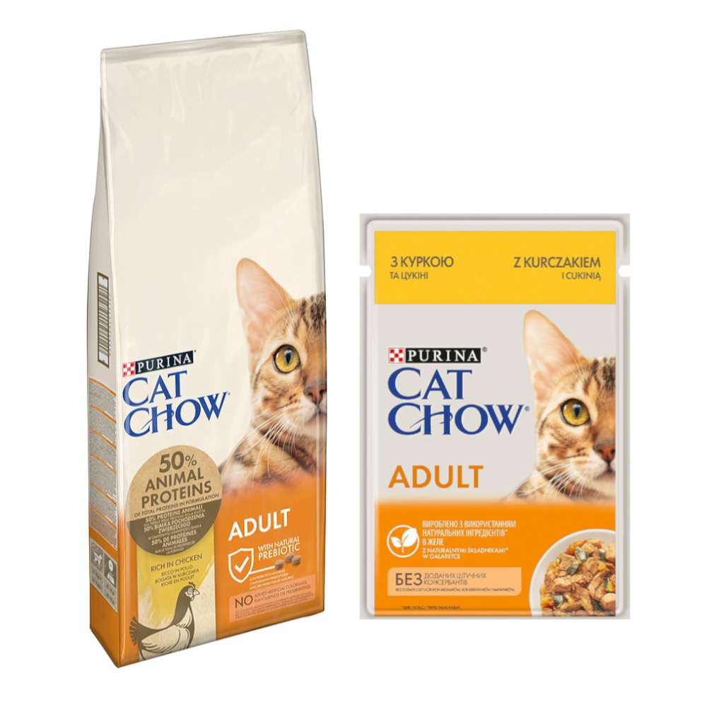 10 kg / 15 kg PURINA Cat Chow + 26 x 85 g passendes Nassfutter gratis! - 15 kg Adult Huhn + Huhn von Cat Chow