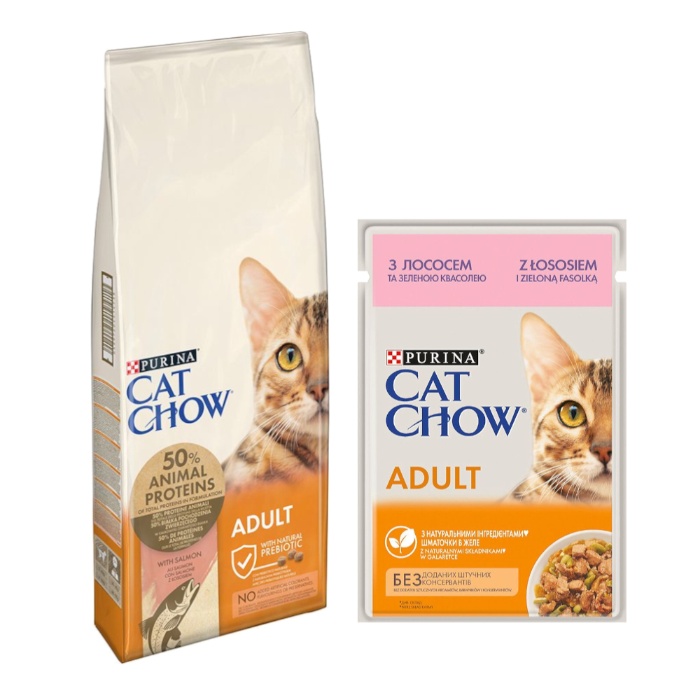 10 kg / 15 kg PURINA Cat Chow + 26 x 85 g passendes Nassfutter gratis! - 15 kg Adult Lachs + Lachs von Cat Chow