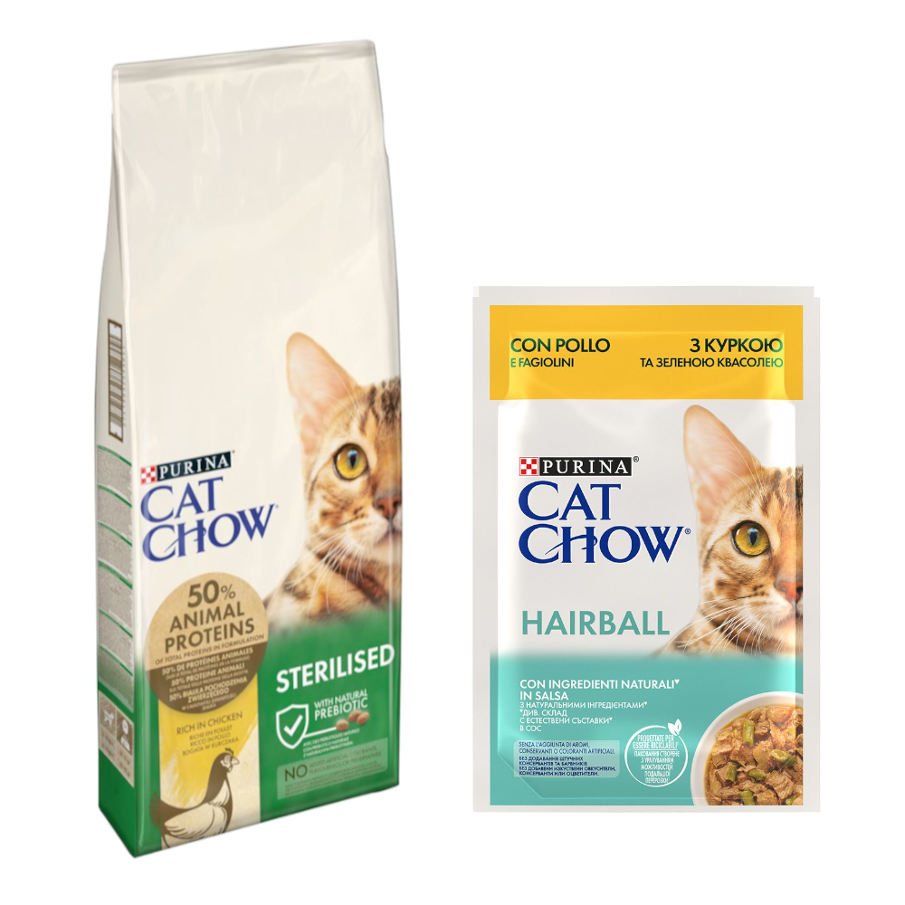 10 kg / 15 kg PURINA Cat Chow + 26 x 85 g passendes Nassfutter gratis! - 15 kg Adult Special Care Sterilised + Hairball Huhn & grüne Bohnen 10 kg / 15 kg PURINA Cat Chow + 26 x 85 g passendes Nassfutter gratis! - 15 kg Adult Special Care Sterilised + Hairball Huhn & grüne Bohnen von Cat Chow