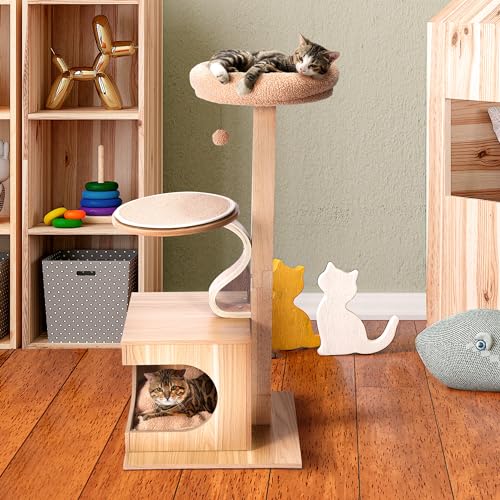 Cat Craft Katzenbaum mit 3 Ebenen, mit Bett, Kratz- und Hängespielzeug, groß, Hellbraun von Cat Craft