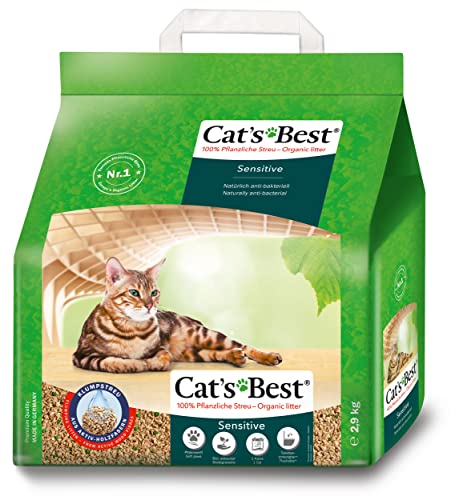 Cat's Best Sensitive, 100 % pflanzliche Katzenstreu, fest klumpend und antibakteriell aus veredelten Aktiv-Holzfasern – speziell für empfindliche Katzen, 2,9 kg/8 l von Cat's Best