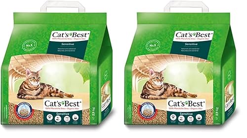 Cat's Best Sensitive, 100% pflanzliche Katzenstreu, fest klumpend und antibakteriell aus veredelten Aktiv-Holzfasern – speziell für empfindliche Katzen, 2,9 kg/8 l (Packung mit 2) von Cat's Best