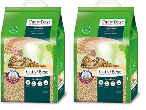 Cat's Best Sensitive, 100% pflanzliche Katzenstreu, fest klumpend und antibakteriell aus veredelten Aktiv-Holzfasern – speziell für empfindliche Katzen, 7,2 kg/20 l (Packung mit 2) von Cat's Best