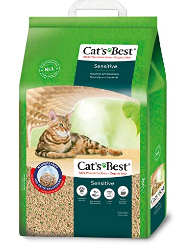 Cat's Best Sensitive, 100 % pflanzliche Katzenstreu, fest klumpend und antibakteriell aus veredelten Aktiv-Holzfasern – speziell für empfindliche Katzen, 7,2 kg/20 l von Cat's Best