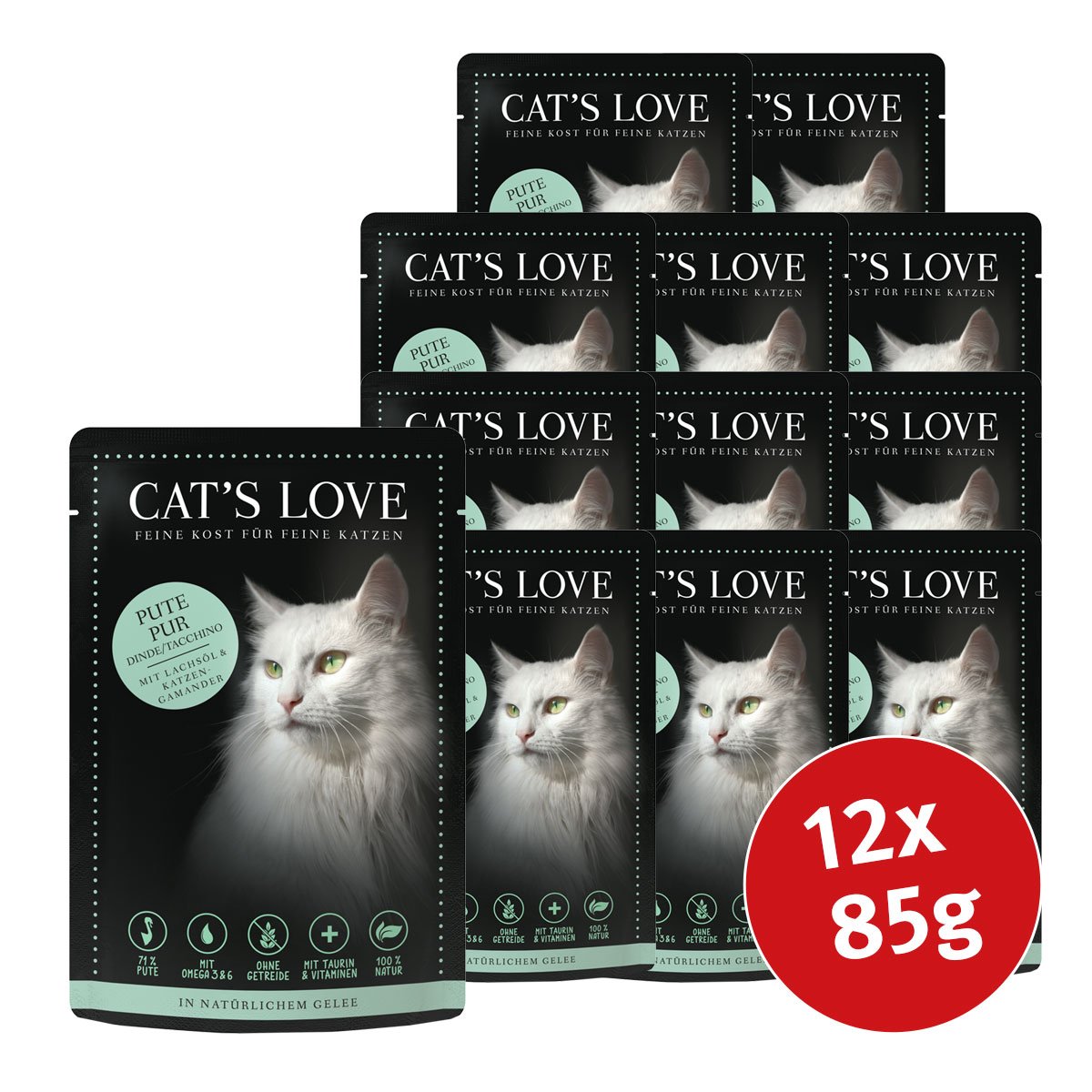 Cat's Love Nassfutter Pute Pur mit Lachsöl & Katzengamander 12x85g von Cat's Love