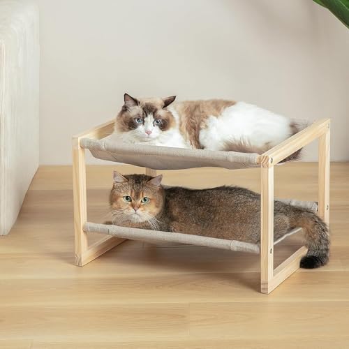 Katzen-Hängematte, doppellagiges Holzbett für Indoor-Katzen, 2-stöckiges erhöhtes Katzenbett mit atmungsaktiven und waschbaren Bezügen, stabil, natürlich, 50,8 x 41,5 x 33 cm von CatAve