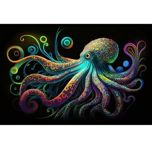 Oktopus-Aquarium-Hintergrund, exquisiter farbenfroher Oktopus-Terrarium-Hintergrund, leuchtender Oktopus auf schwarzem Hintergrund, für Aquarien, Poster, Tapete, Dekorationen, Vinyl, 121,9 x 61 cm von CaterRina