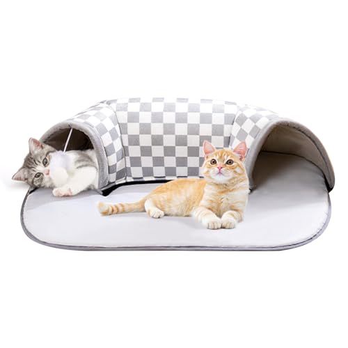 Cathpetic Cat Bed Katzentunnel Karomuster 66×45×17cm,Zwei In Einem Katzentunnel Cat Bed,Katzen Spieltunnel Mit Hängendem Ballspielzeug von Cathpetic