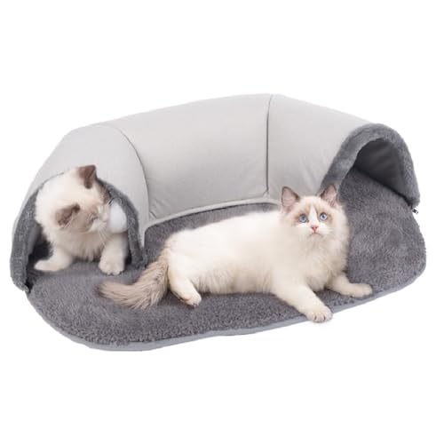 Cathpetic Cat Bed Katzentunnel Plüsch Grau 66×45×17cm,Zwei In Einem Katzentunnel Cat Bed,Katzen Spieltunnel Mit Hängendem Ballspielzeug von Cathpetic