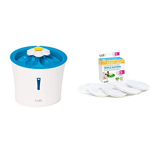 Catit 2.0 Flower Fountain, Blumentrinkbrunnen mit LED für Katzen, 3L, weiß/blau & 2.0 Triple Action Filter, 3fach wirksamer Ersatzfilter, Trinkbrunnenfilter, 5er Pack Catit 2.0 Flower Fountain, Blumentrinkbrunnen mit LED für Katzen, 3L, weiß/blau & 2.0 Triple Action Filter, 3fach wirksamer Ersatzfilter, Trinkbrunnenfilter, 5er Pack von Catit