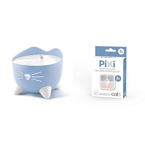 Catit 43717 Pixi Trinkbrunnen für Katzen, 2,5L, blau & 43721 Pixi Ersatzfilter, Trinkbrunnenfilter für die Catit Pixi Trinbrunnen, 3er Pack von Catit