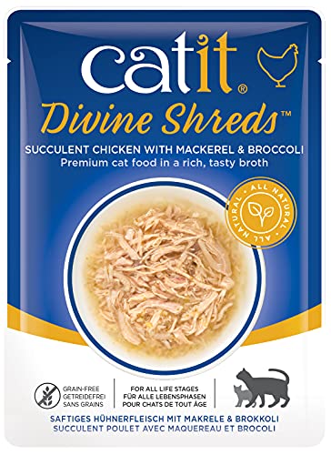 Catit Divine Shreds, Premium Katzenfutter, Trockenfuttertopping, Topping für Trockenfutter, mit Hühnerfleisch mit Makrele und Brokkoli, 1er Pack, 75g von Catit